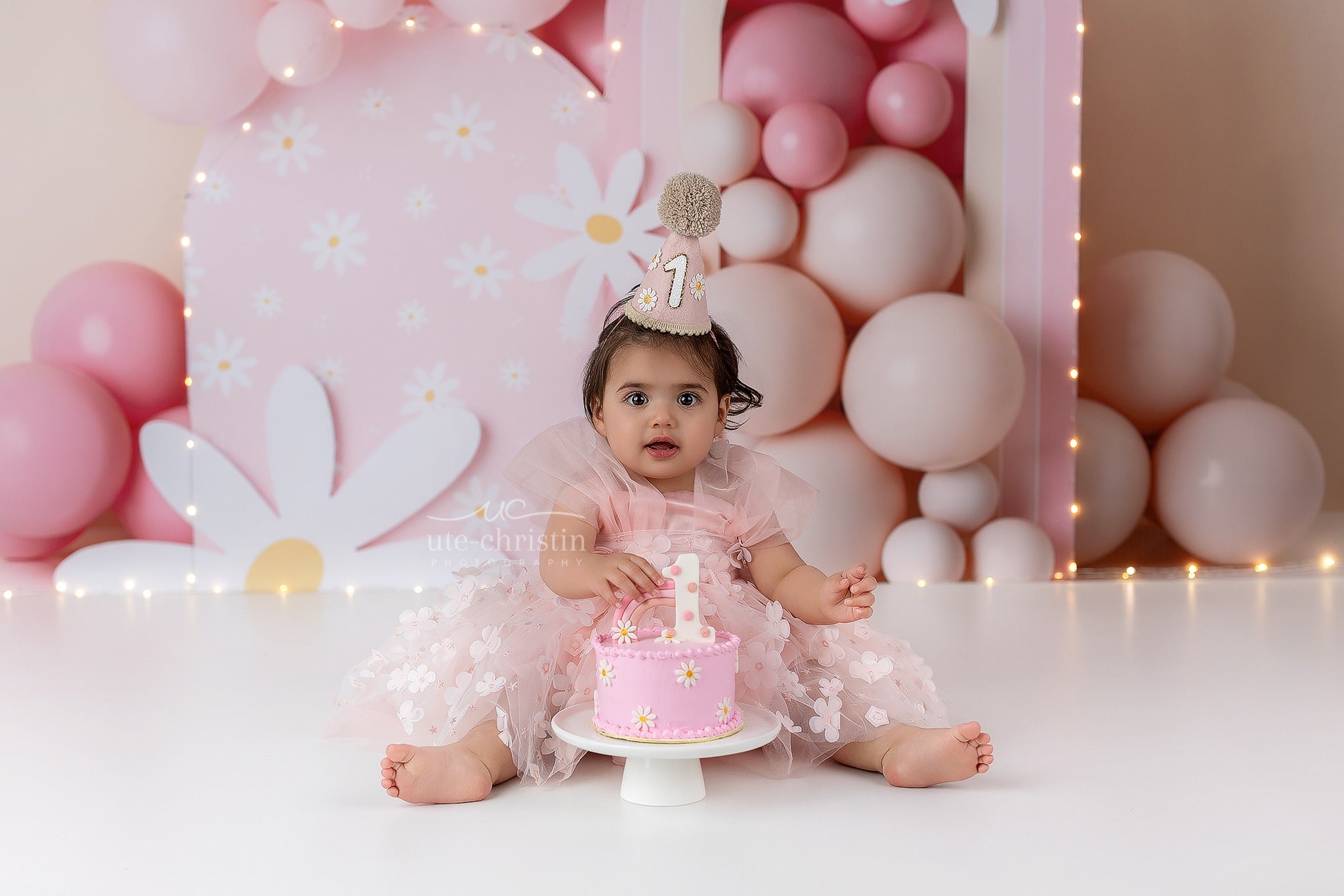 Cake Smash Backdrop Pink Daisy Balloon Rainbow Birthday Photo Backdrop UK MRR9-40