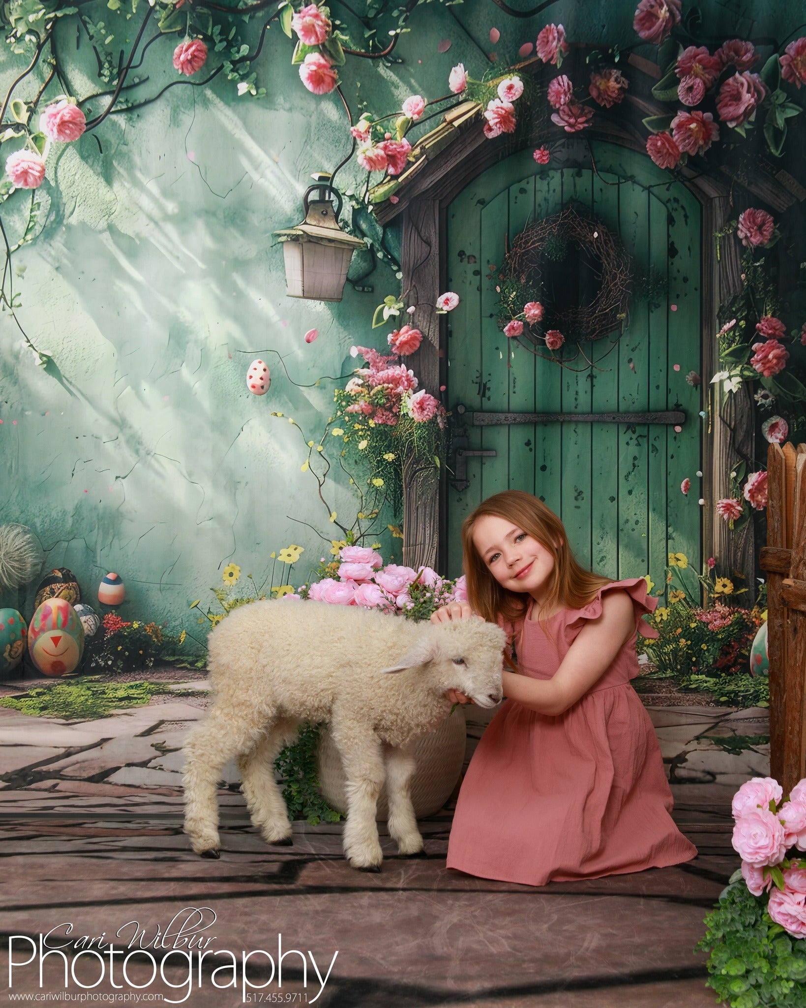 Backdrop With Flowers Green Door Wreath Backdrop UK BRP12-557