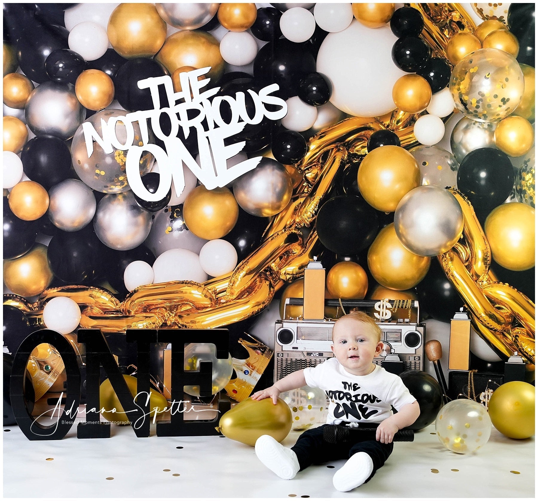 Cake Smash Backdrop Gold Black Balloons 1st Birthday Backdrop UK MRR10-43