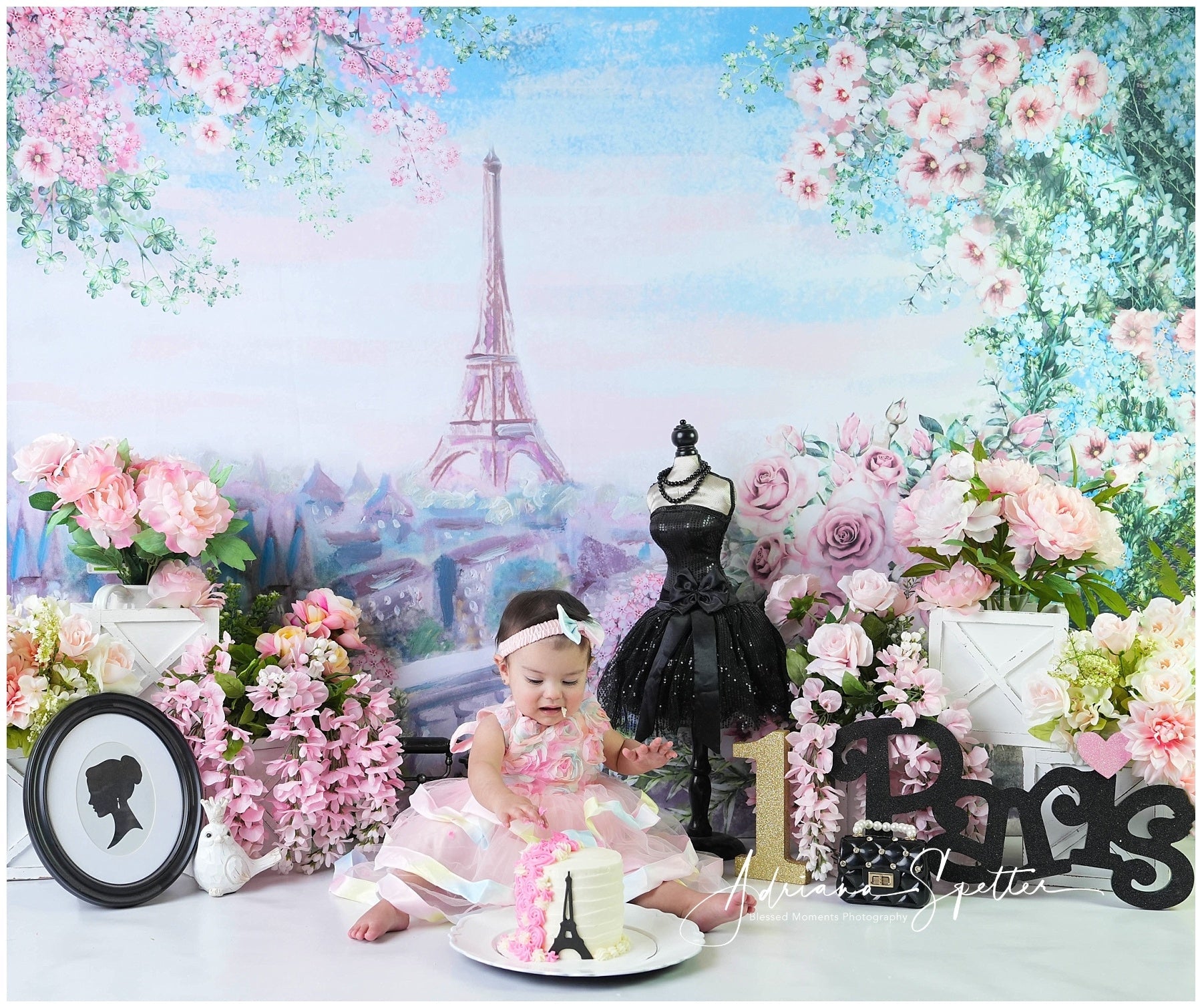Cake Smash Backdrop Eiffel Tower Spring Floral Birthday Backdrop UK MRR10-45