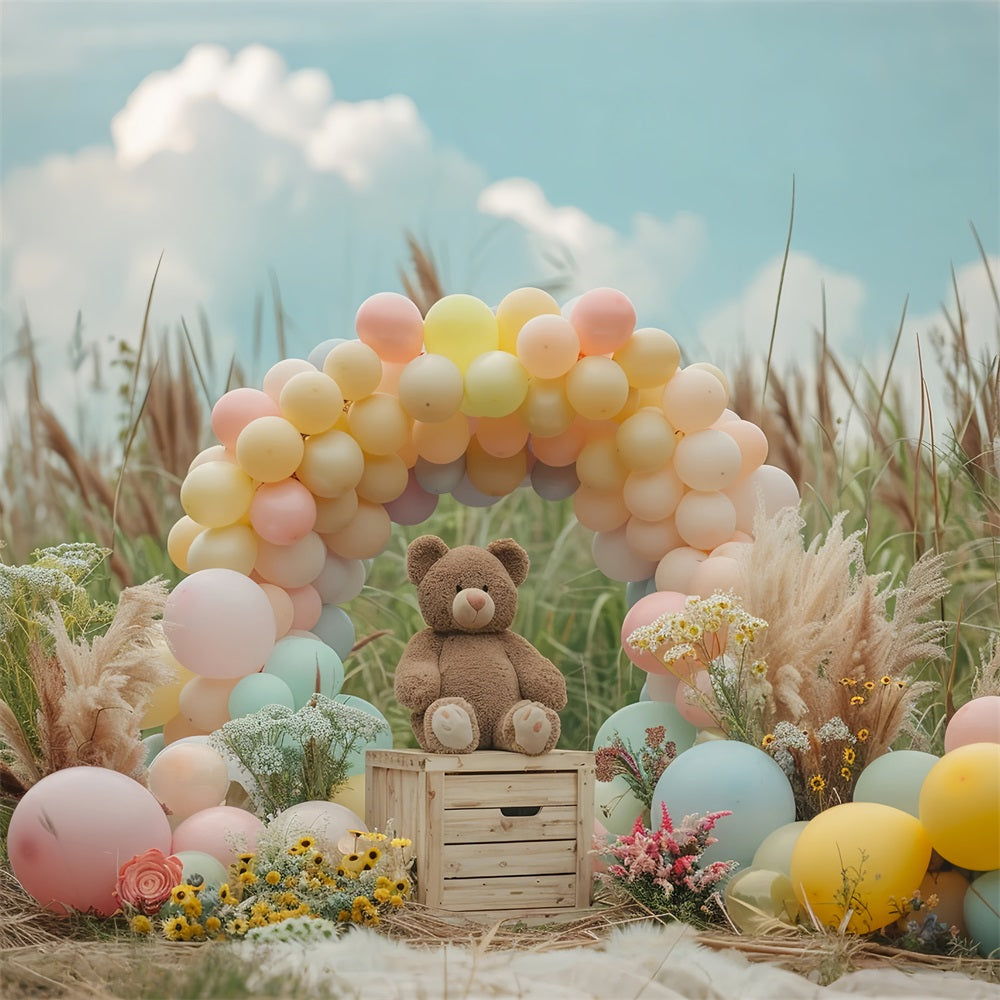 Pastel Balloon Arch Teddy Bear Boho Backdrop UK BRP10-107