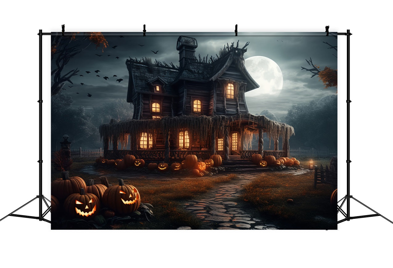 Halloween Backdrop Spooky House Pumpkins Moonlight Backdrop UK BRP10-202