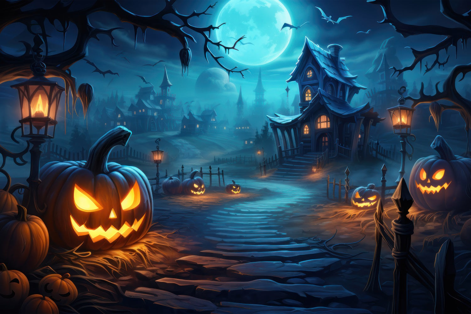 Halloween Village Backdrop Pumpkins Bats Backdrop UK BRP10-204