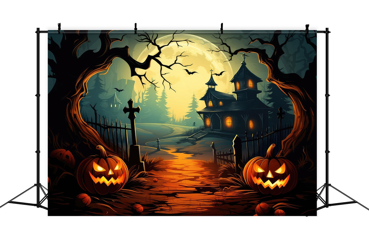 Halloween Backdrop Haunted House Path Pumpkins Moon Backdrop UK BRP10-206