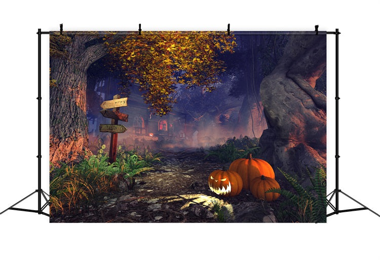 Halloween Haunted House Backdrop Foggy Forest Pumpkins Backdrop UK BRP10-207