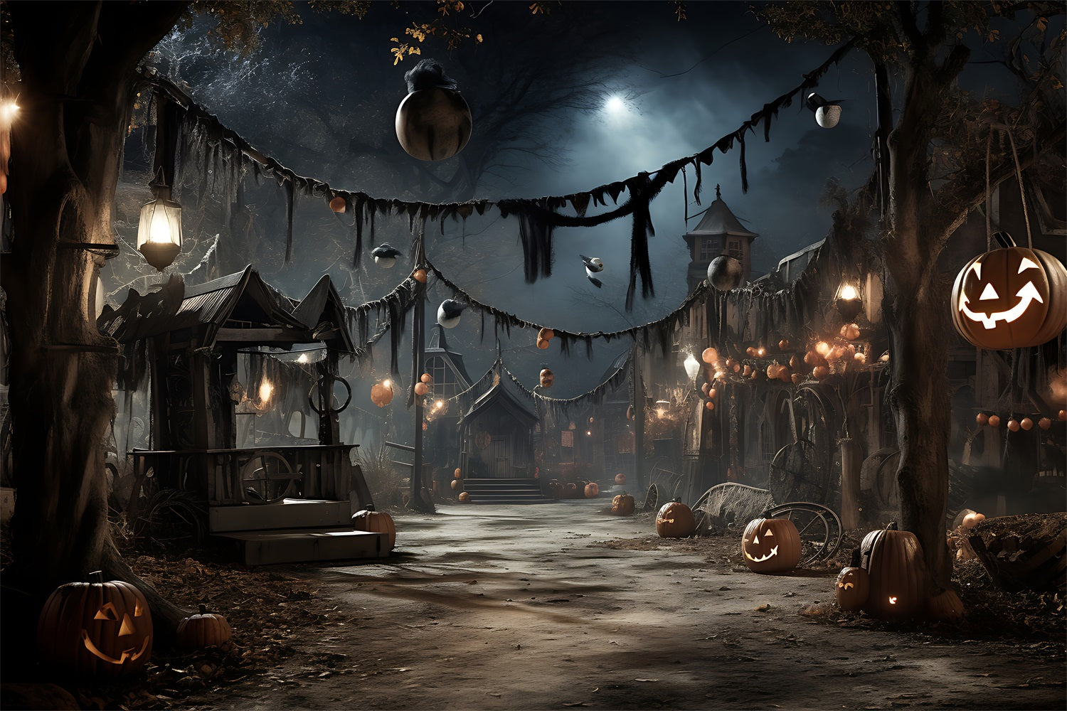 Halloween Village Backdrops Glowing Lanterns Pumpkins Backdrop UK BRP10-209