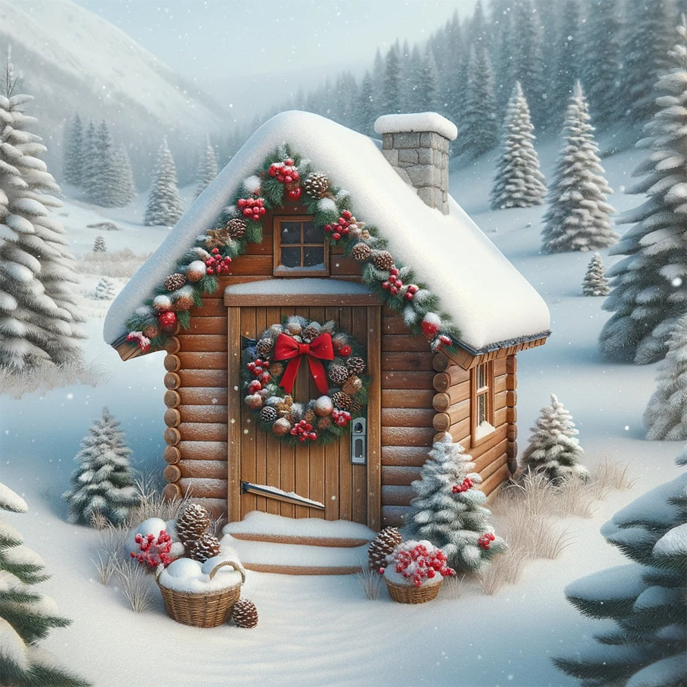 Backdrop Christmas Snow-Dusted Cabin Vibrant Wreath Backdrop UK BRP11-157