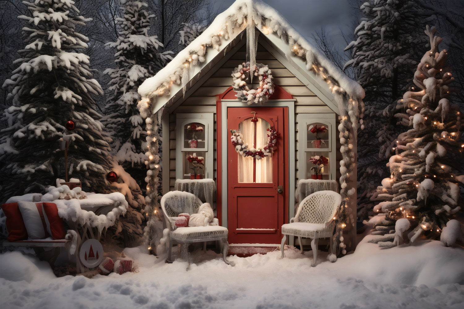 Christmas Backdrop Snowy Cottage Front Porch Backdrop UK BRP11-169