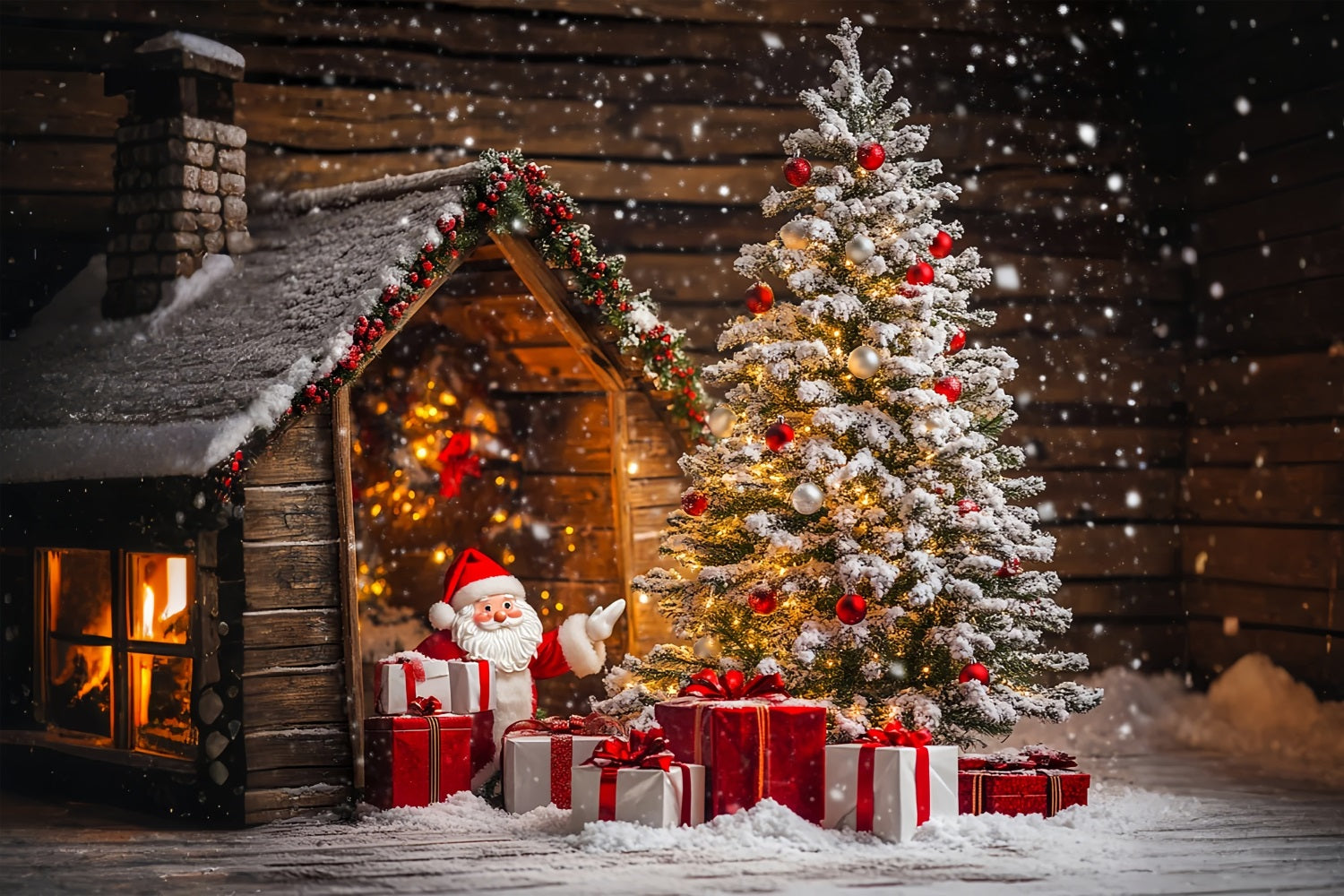 Christmas Tree Backdrop Snowy Santa Claus Cabin Backdrop UK BRP11-179