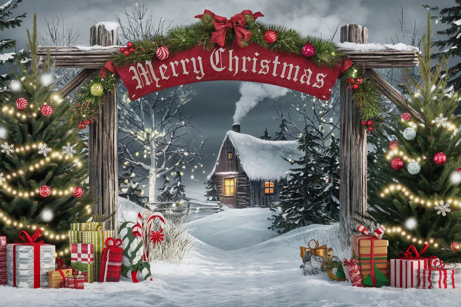 Merry Christmas Backdrop Gateway Cabin Scene Backdrop UK BRP11-181