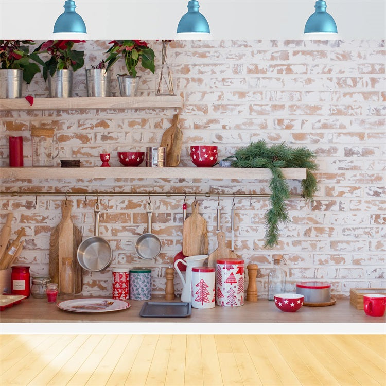 Christmas Kitchen Photography Backdrop Brick Wall Decor Backdrop UK BRP11-187