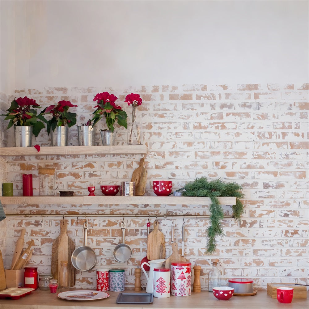 Christmas Kitchen Photography Backdrop Brick Wall Decor Backdrop UK BRP11-187