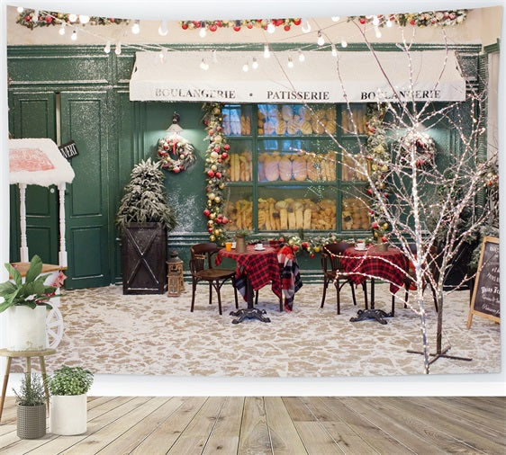 Christmas Tree Backdrops Snow-Covered Boulangerie Lights Backdrop UK BRP11-201