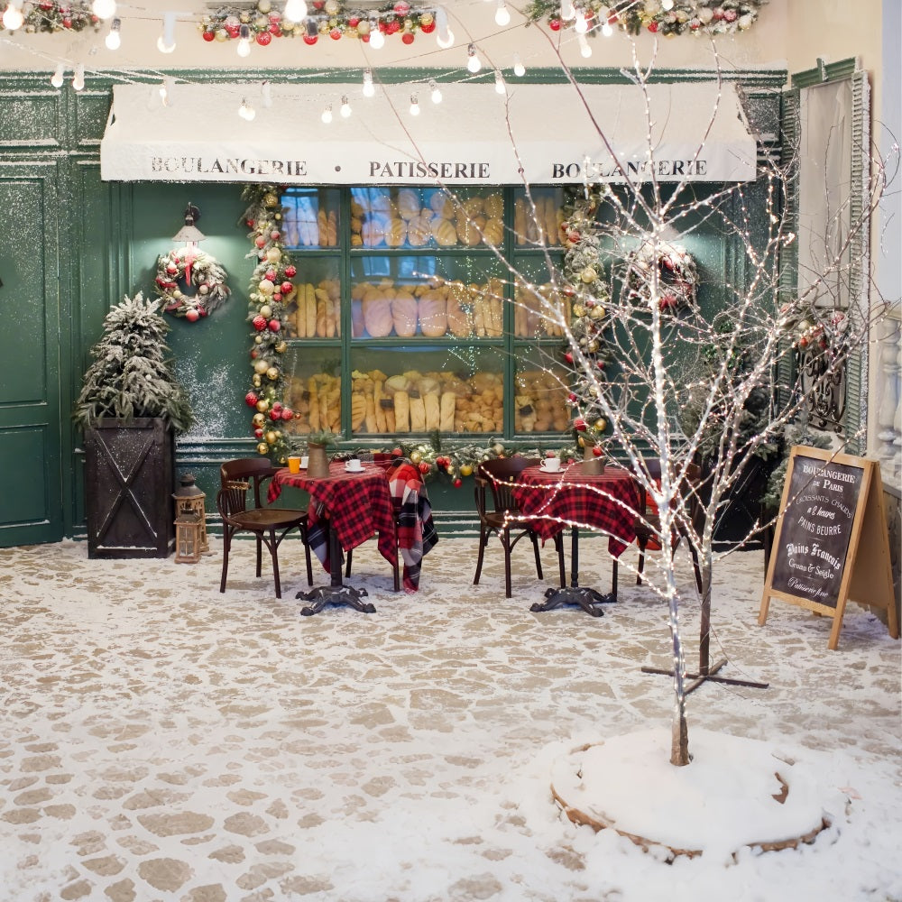 Christmas Tree Backdrops Snow-Covered Boulangerie Lights Backdrop UK BRP11-201