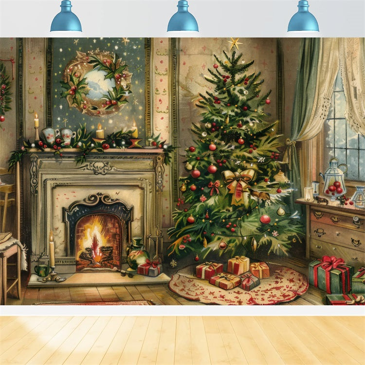 Fireplace Backdrop Christmas Tree Wreath Scene Backdrop UK BRP11-211