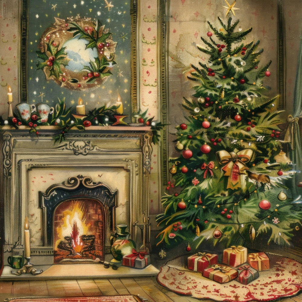 Fireplace Backdrop Christmas Tree Wreath Scene Backdrop UK BRP11-211