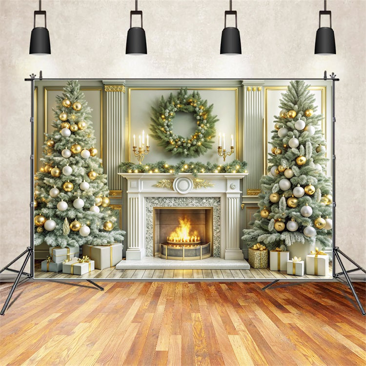 Christmas Fireplace Backdrops Golden Festive Trees Backdrop UK BRP11-214