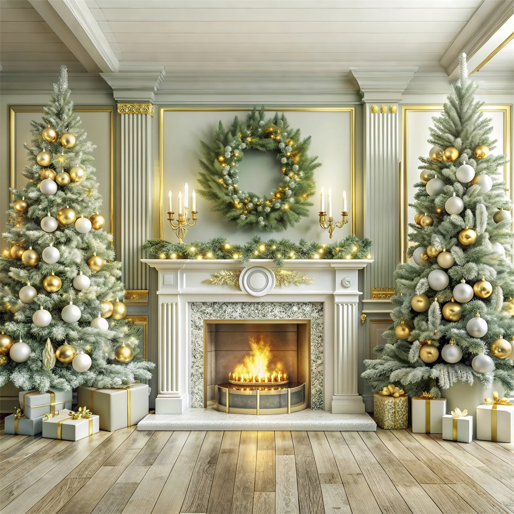 Christmas Fireplace Backdrops Golden Festive Trees Backdrop UK BRP11-214