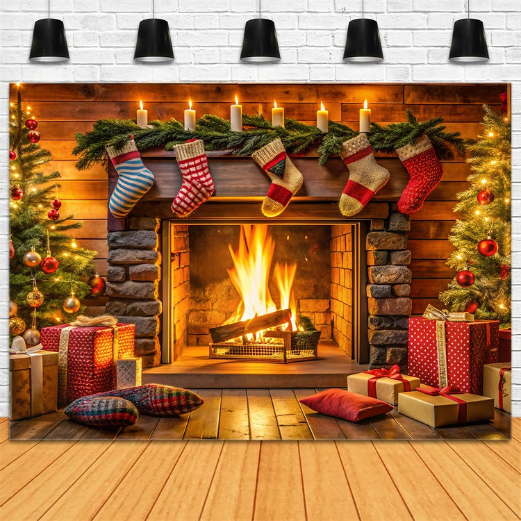 Christmas Backdrop With Fireplace Stockings Decor Backdrop UK BRP11-216