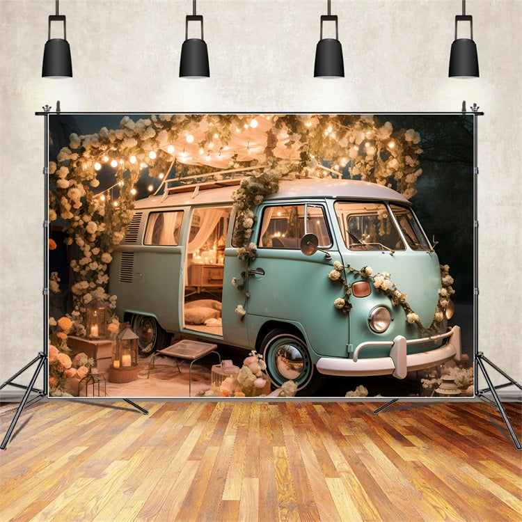 Valentine's Backdrop Vintage Van Lights Flowers Backdrop UK BRP11-406