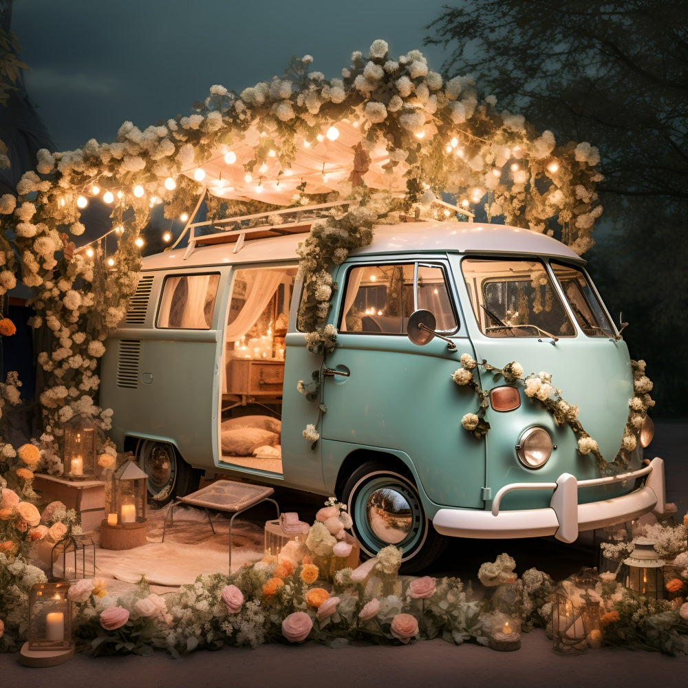 Valentine's Backdrop Vintage Van Lights Flowers Backdrop UK BRP11-406