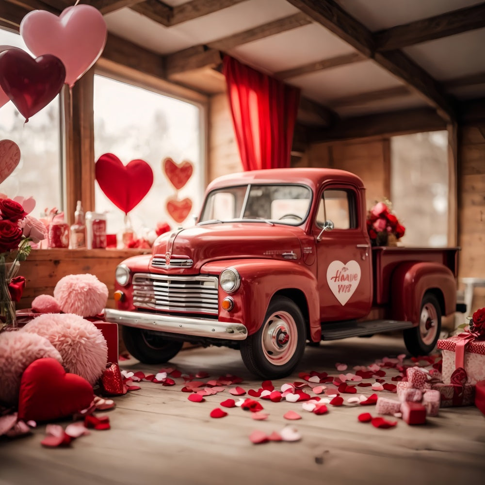 Backdrop Valentine Heart-Themed Decorated Red Truck Backdrop UK BRP11-407
