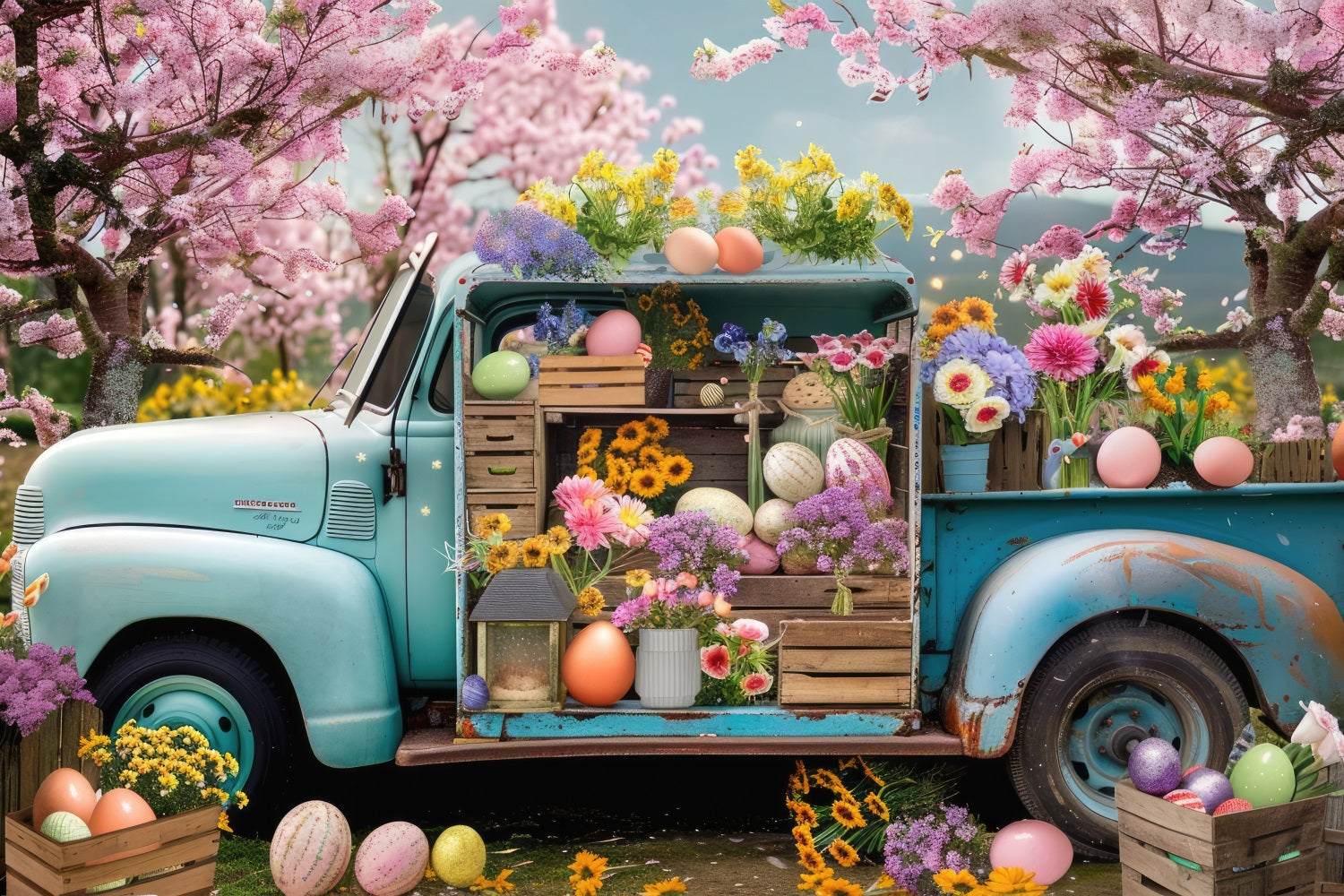 Easter Spring Backdrops Flowers Eggs Truck Backdrop UK BRP11-519