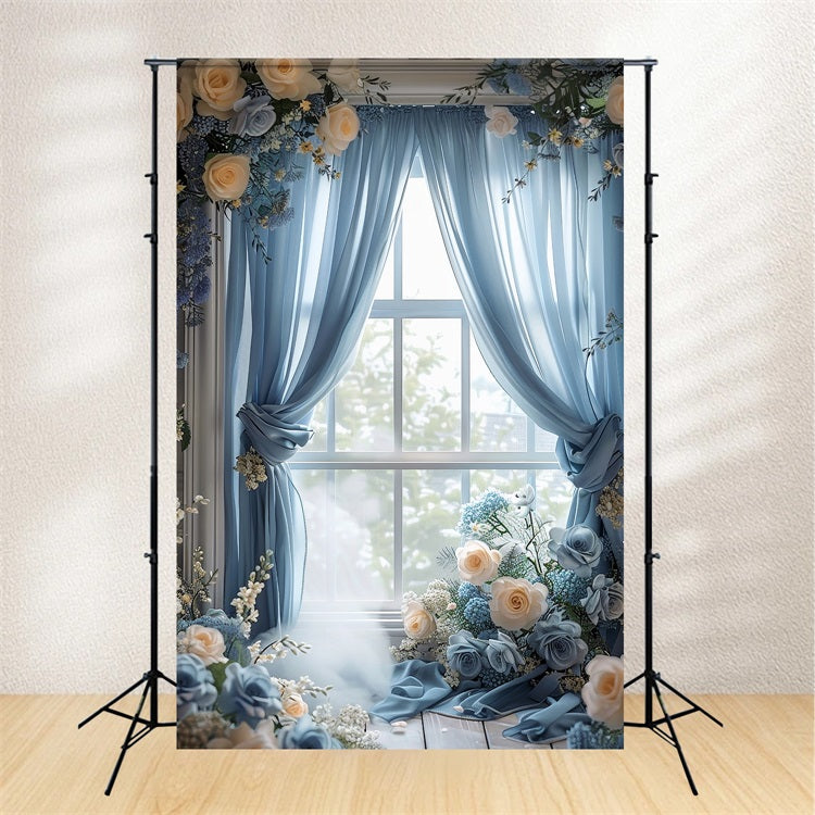 Backdrops For Spring Blue Curtain Window Rose Backdrop UK BRP11-531