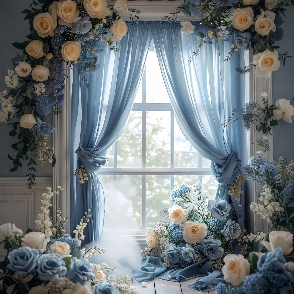 Backdrops For Spring Blue Curtain Window Rose Backdrop UK BRP11-531