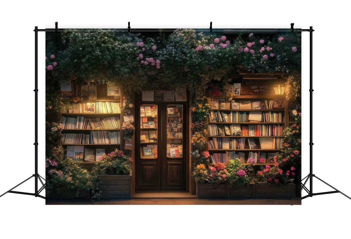 Spring Photoshoot Backdrop Nighttime Bookstore Floral Decor Backdrop UK BRP11-534