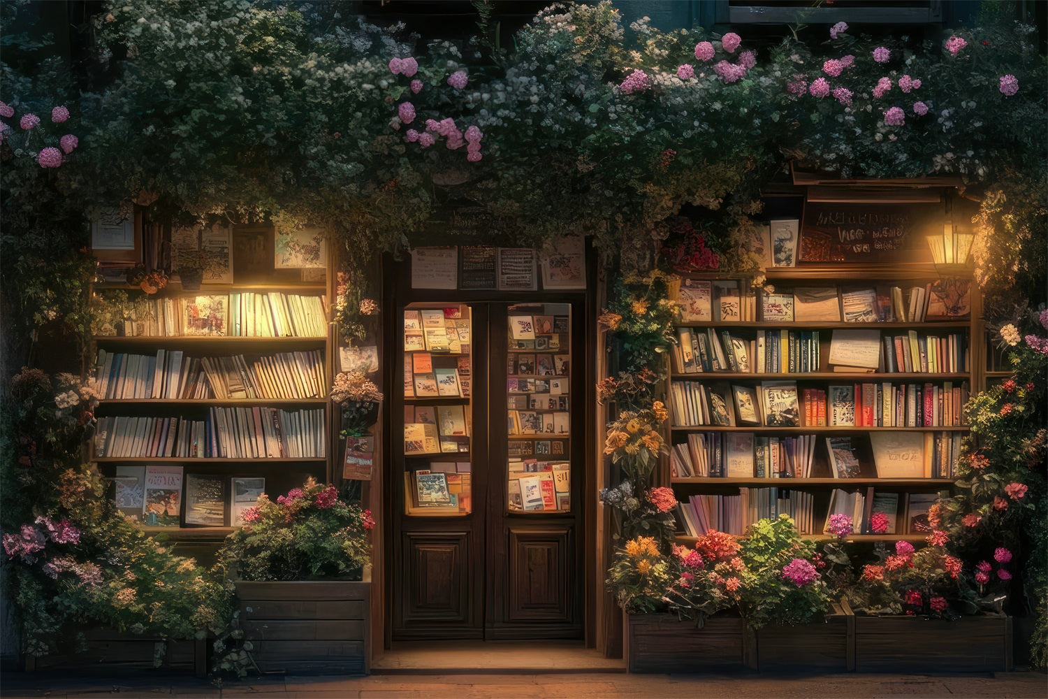 Spring Photoshoot Backdrop Nighttime Bookstore Floral Decor Backdrop UK BRP11-534