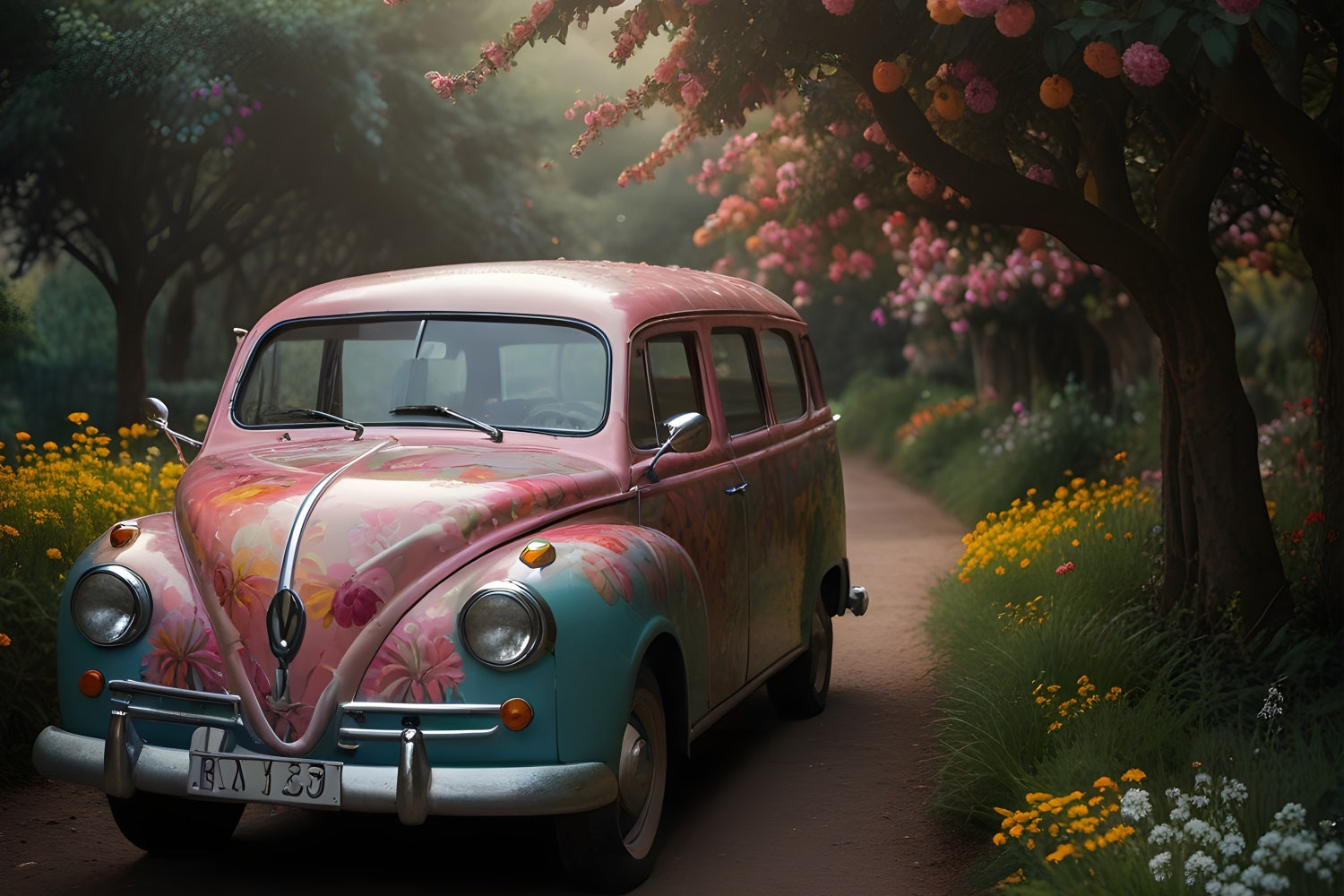 Spring Backdrops Retro Floral Car Photography Backdrop UK BRP11-535