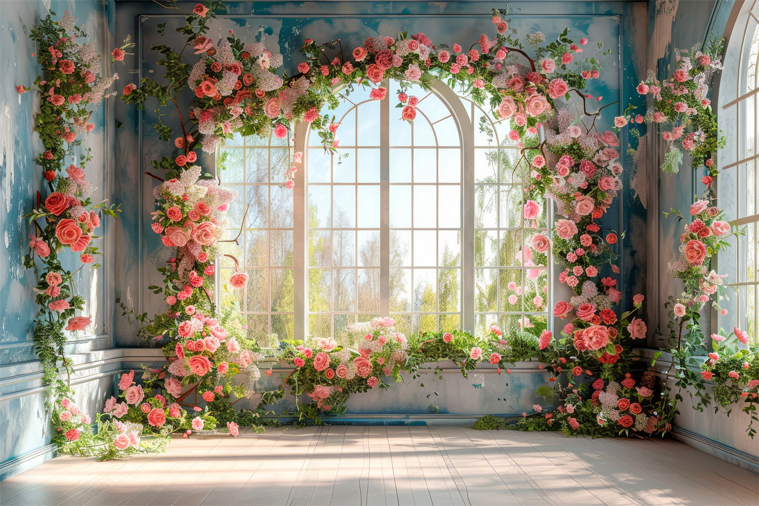 Backdrops Spring Flower-Draped Windows Romantic Backdrop UK BRP11-546