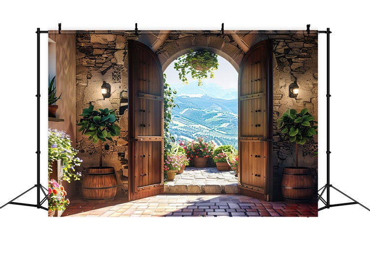 Photography Spring Backdrop Floral Terrace Wooden Door Backdrop UK BRP11-547