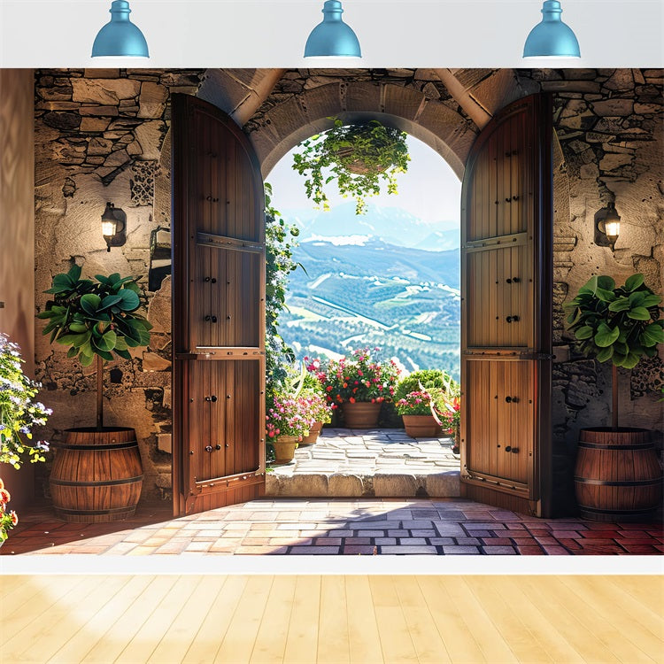 Photography Spring Backdrop Floral Terrace Wooden Door Backdrop UK BRP11-547