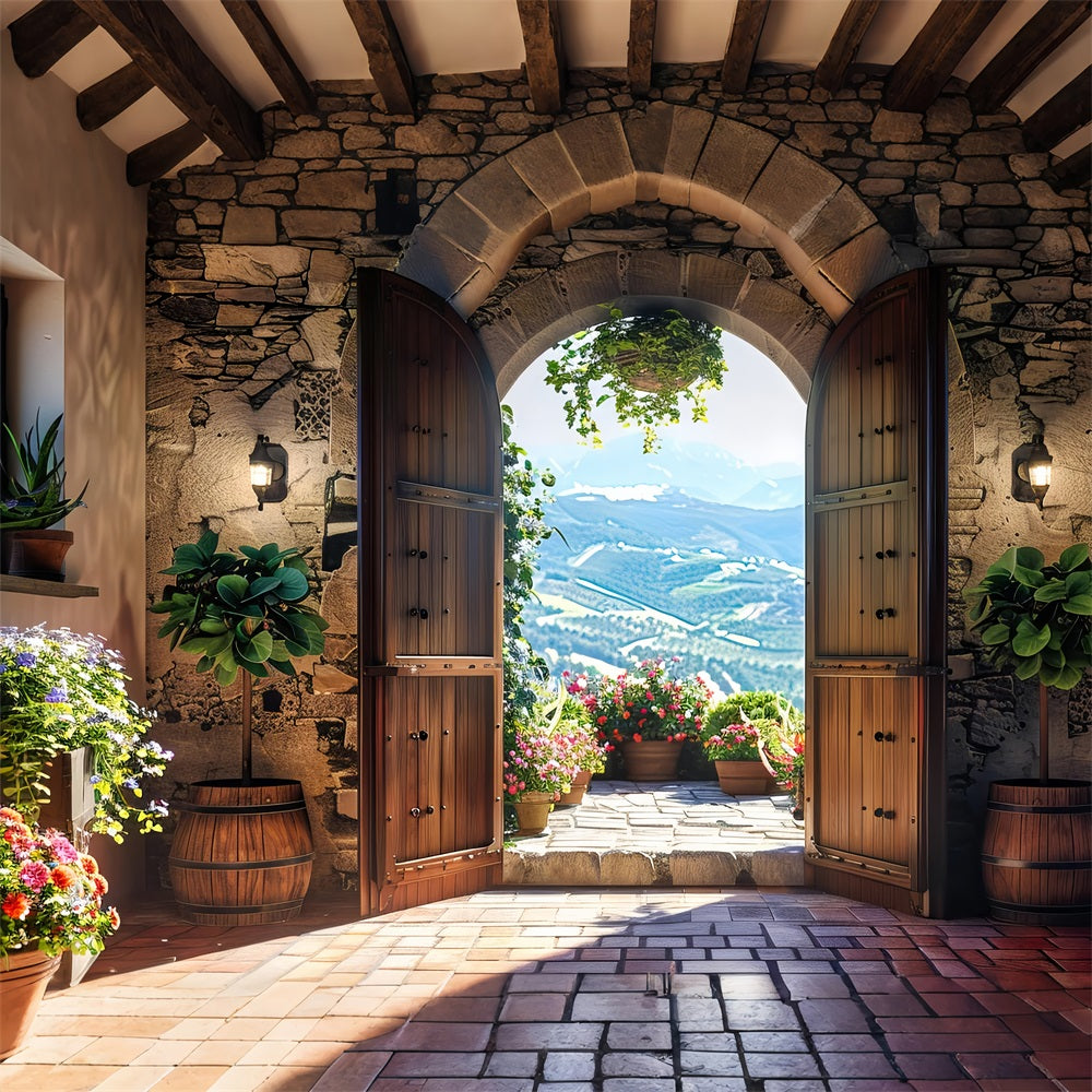 Photography Spring Backdrop Floral Terrace Wooden Door Backdrop UK BRP11-547