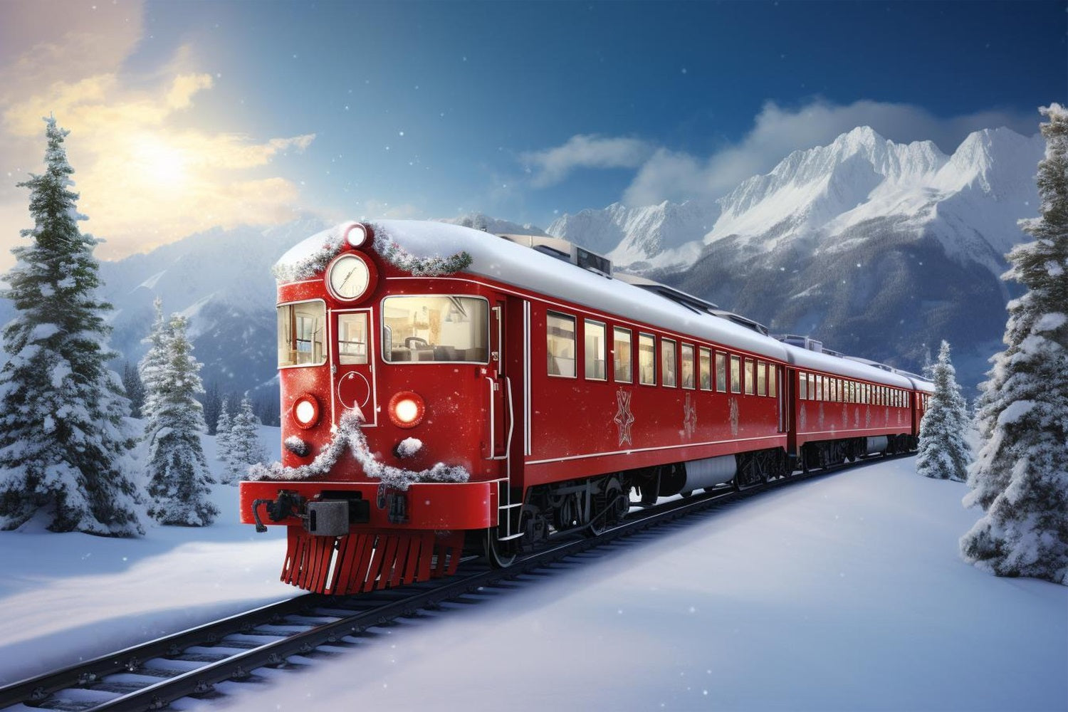 Winter Scene Backdrops Red Train Snow-Capped Mountains Backdrop UK BRP11-59