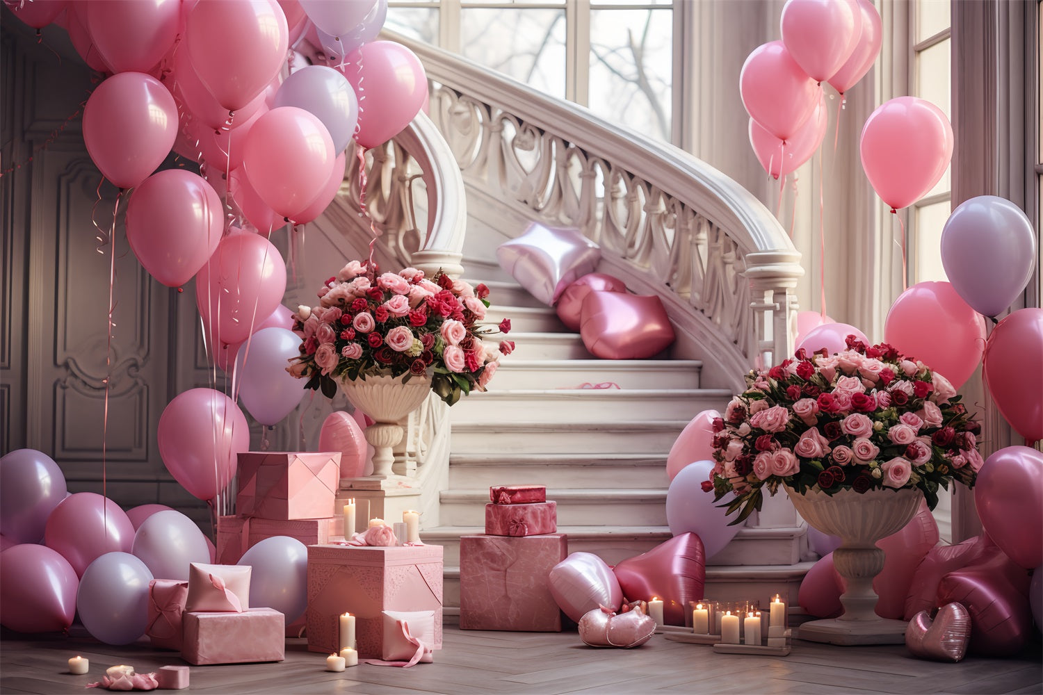 Valentine Photography Backdrop Roses Staircase Balloon Celebration Backdrop UK BRP12-196