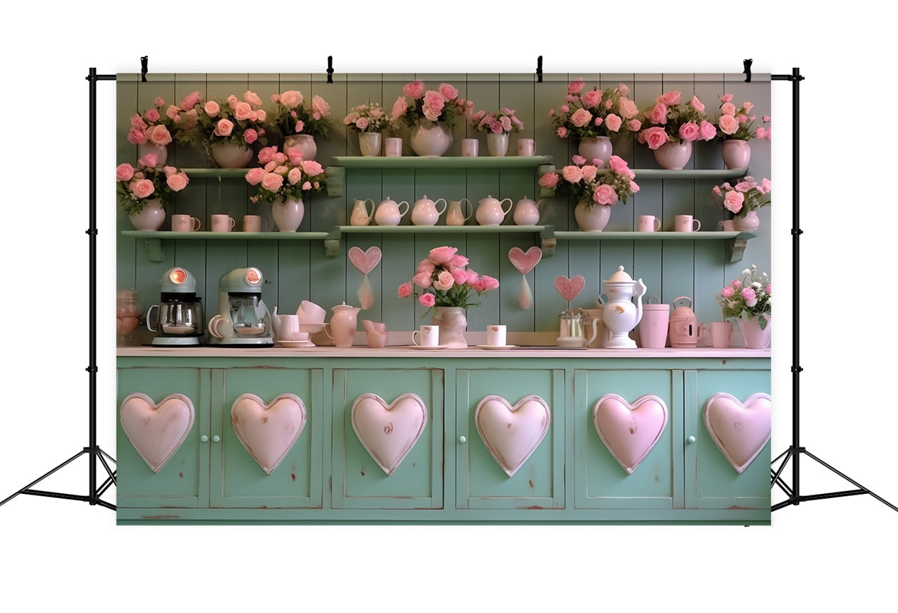 Valentine's Day Backdrop Kitchen Green Heart Cabinet Backdrop UK BRP12-200