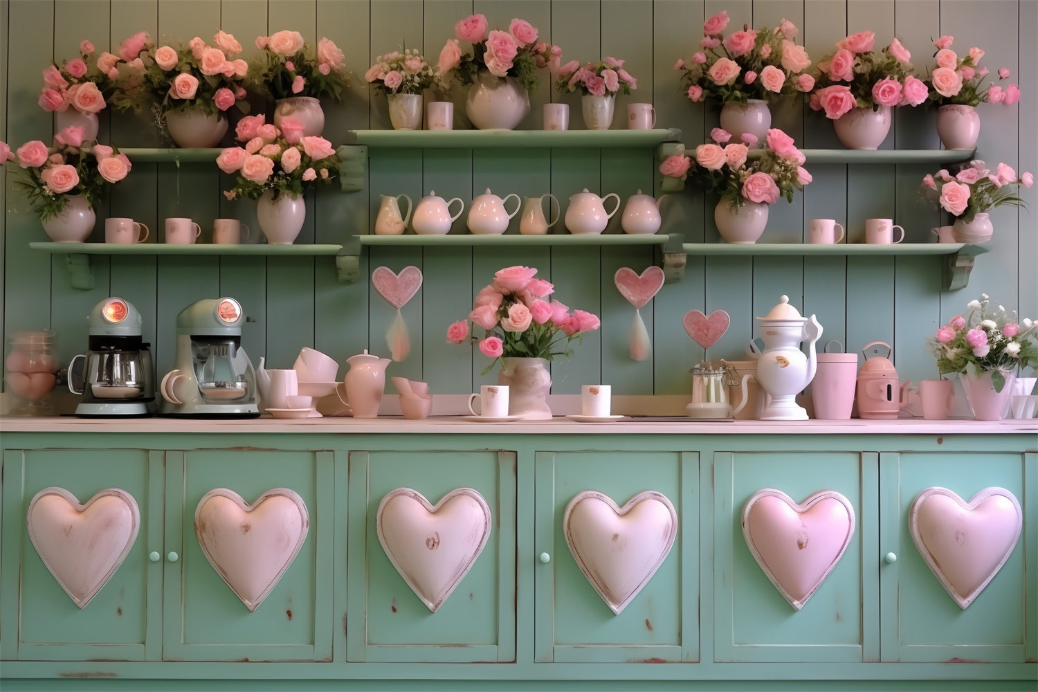 Valentine's Day Backdrop Kitchen Green Heart Cabinet Backdrop UK BRP12-200