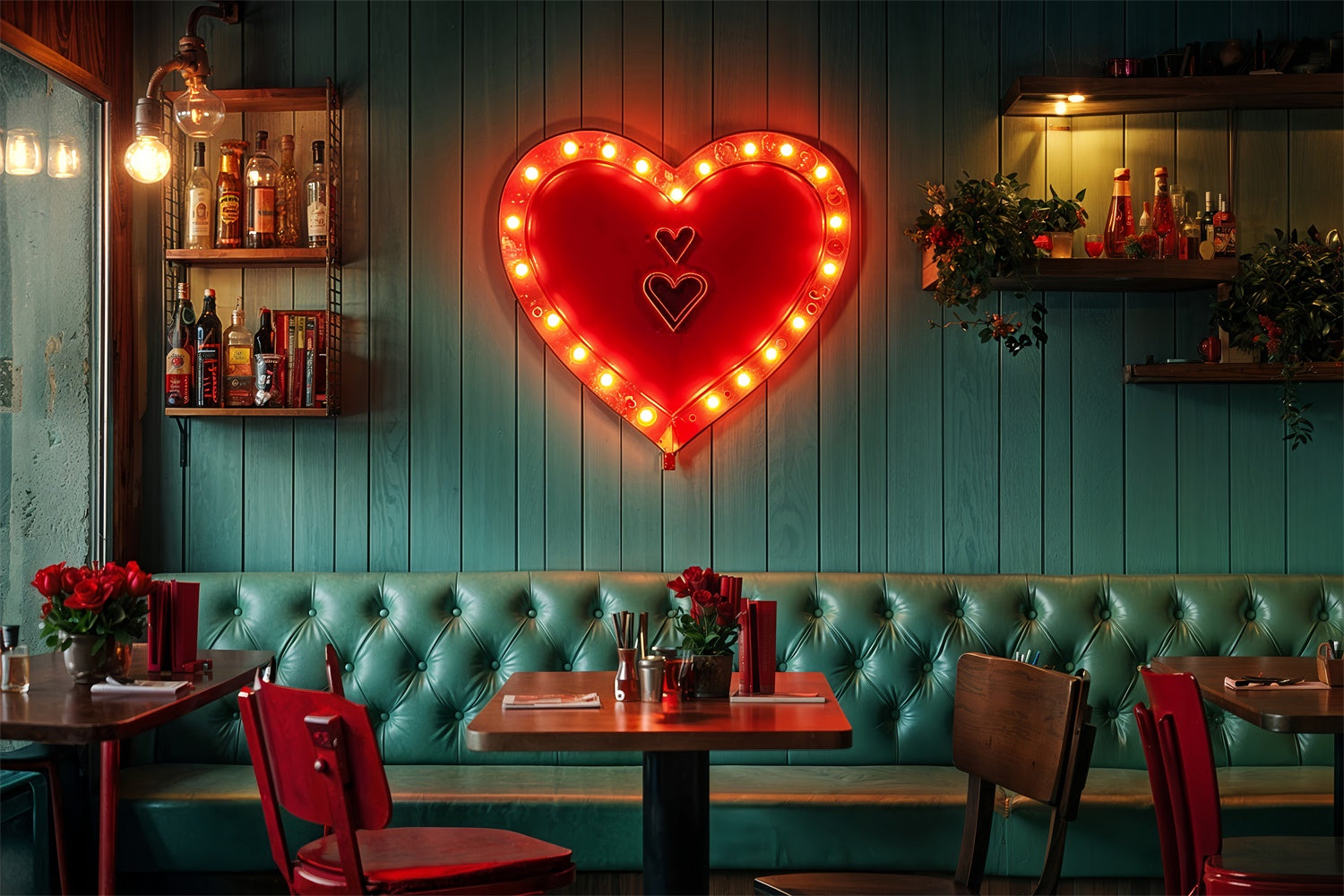 Valentine Theme Backdrop Vintage Cafe Neon Heart Backdrop UK BRP12-226