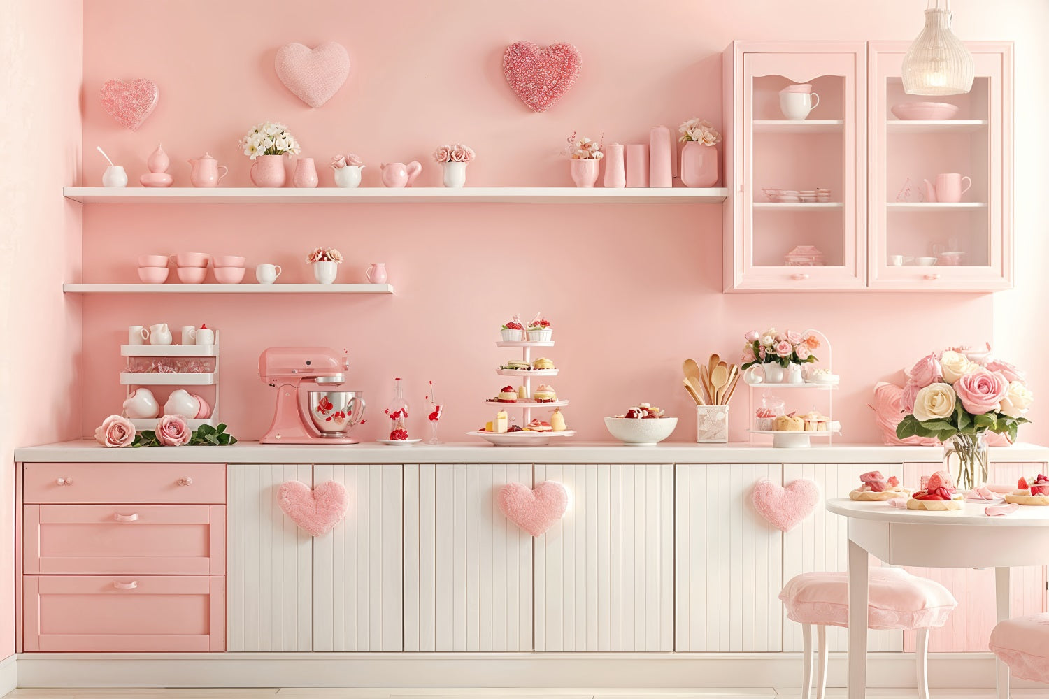 Valentine's Photo Backdrop Pink Kitchen Heart Shelves Backdrop UK BRP12-239