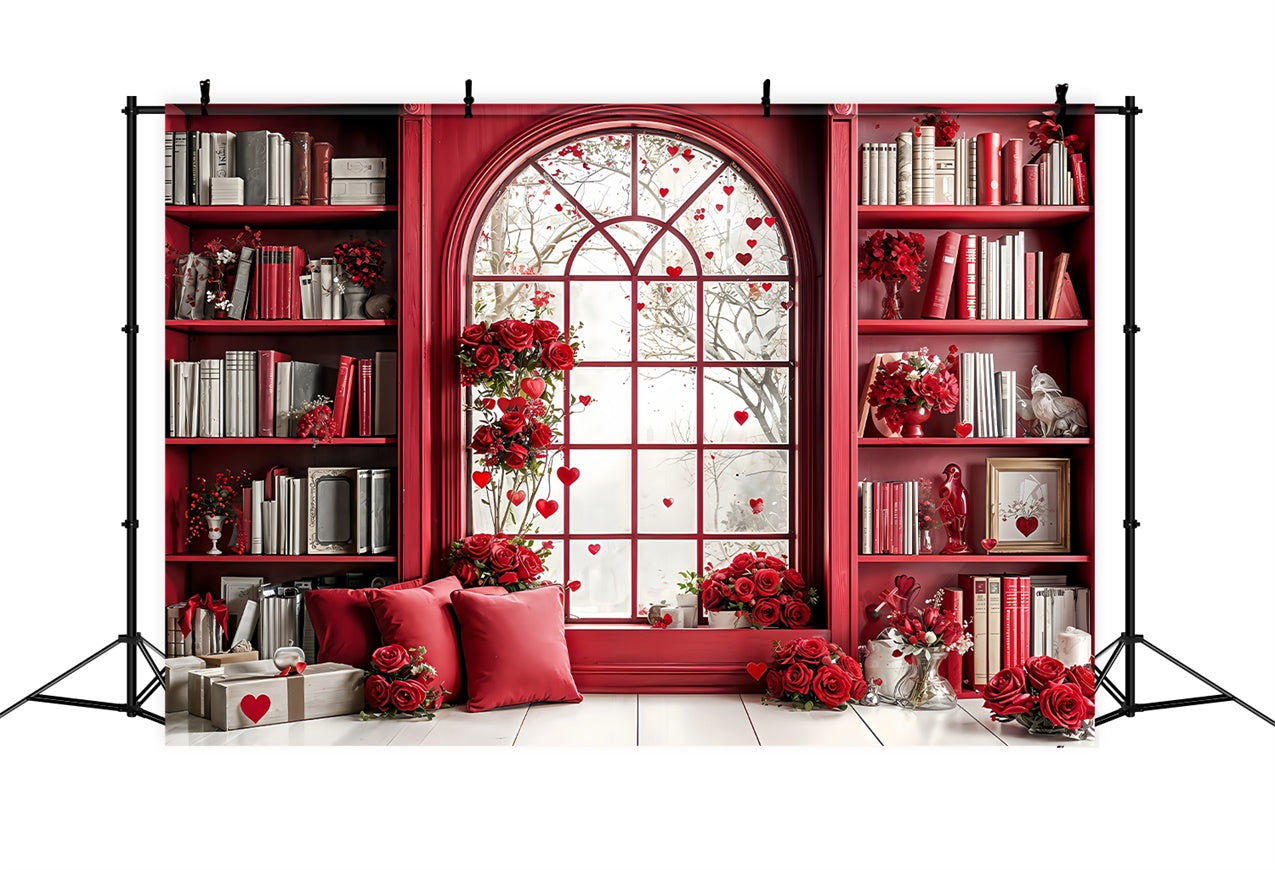 Valentine Photography Backdrop Red Themed Library Window Roses Backdrop UK BRP12-242