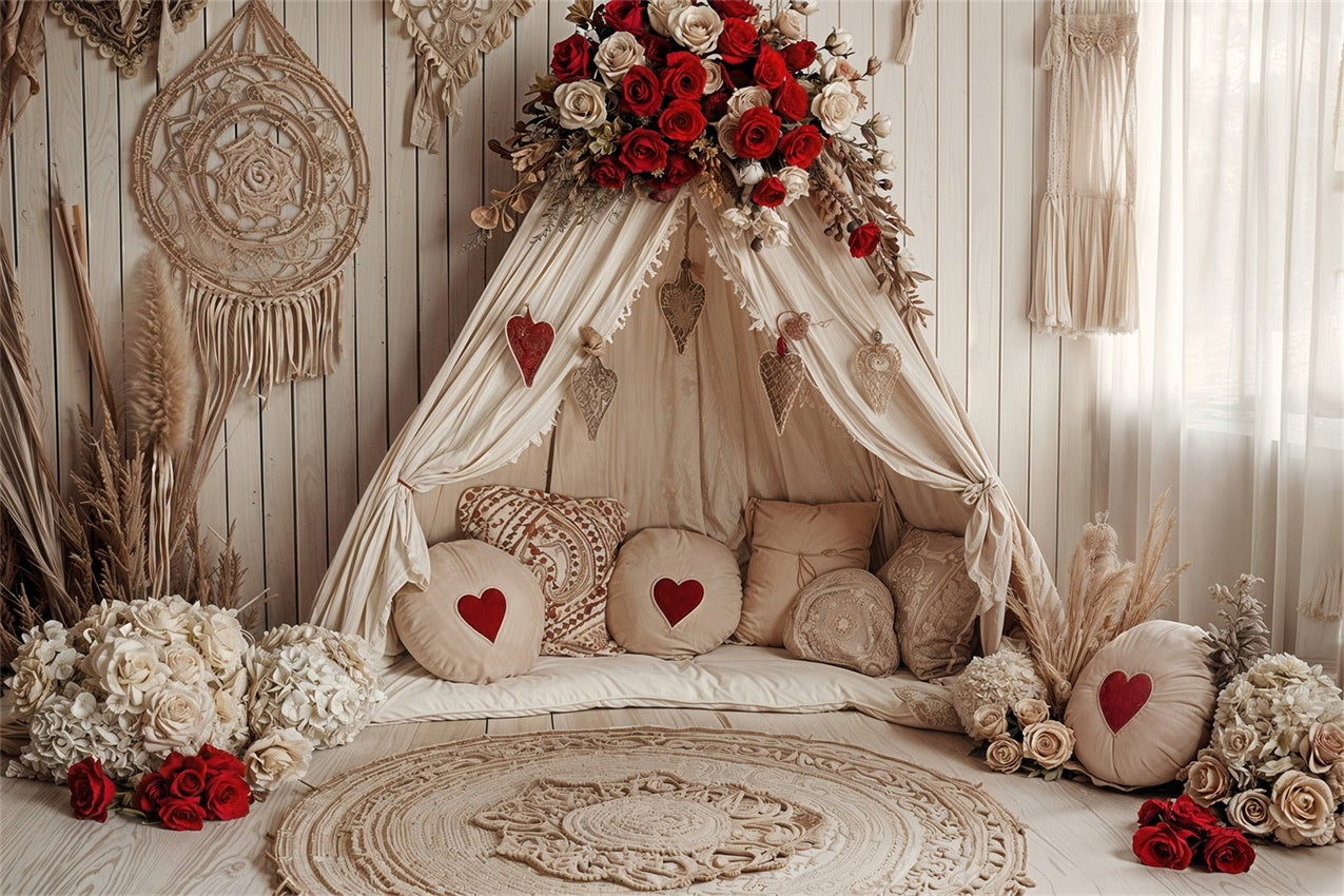 Valentines Photo Backdrops Boho Heart Roses Tent Backdrop UK BRP12-255