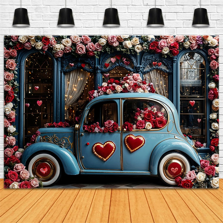 Valentine Day Backdrop Love-Themed Blue Car Floral Backdrop UK BRP12-259