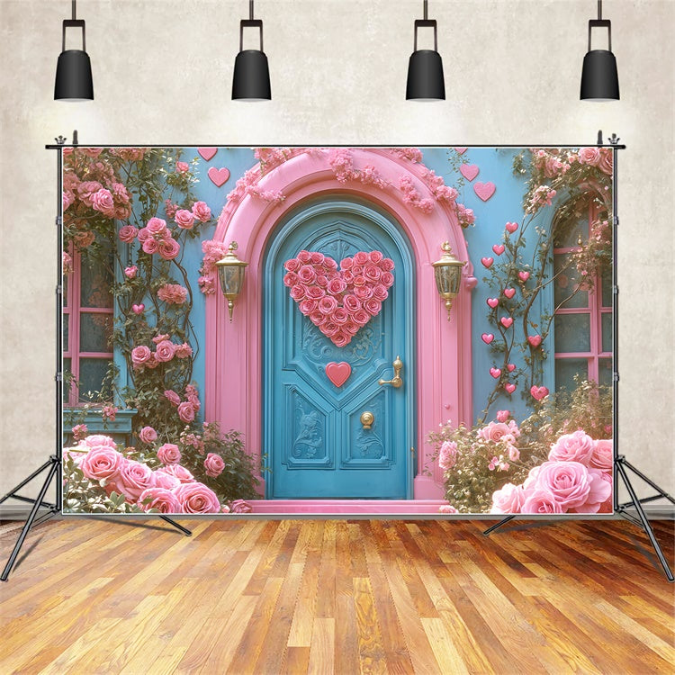 Valentine Backdrops Pink Rose Heart Blue Door Backdrop UK BRP12-261