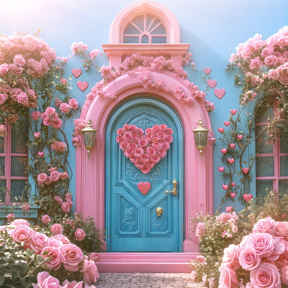 Valentine Backdrops Pink Rose Heart Blue Door Backdrop UK BRP12-261