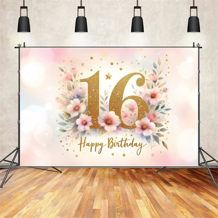 Birthday Backdrops Pink Gold Floral Sweet 16 Party Backdrop UK BRP12-288