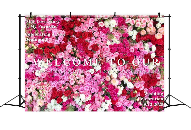 Personalized Wedding Backdrop Vibrant Pink Red Rose Backdrop UK BRP12-349