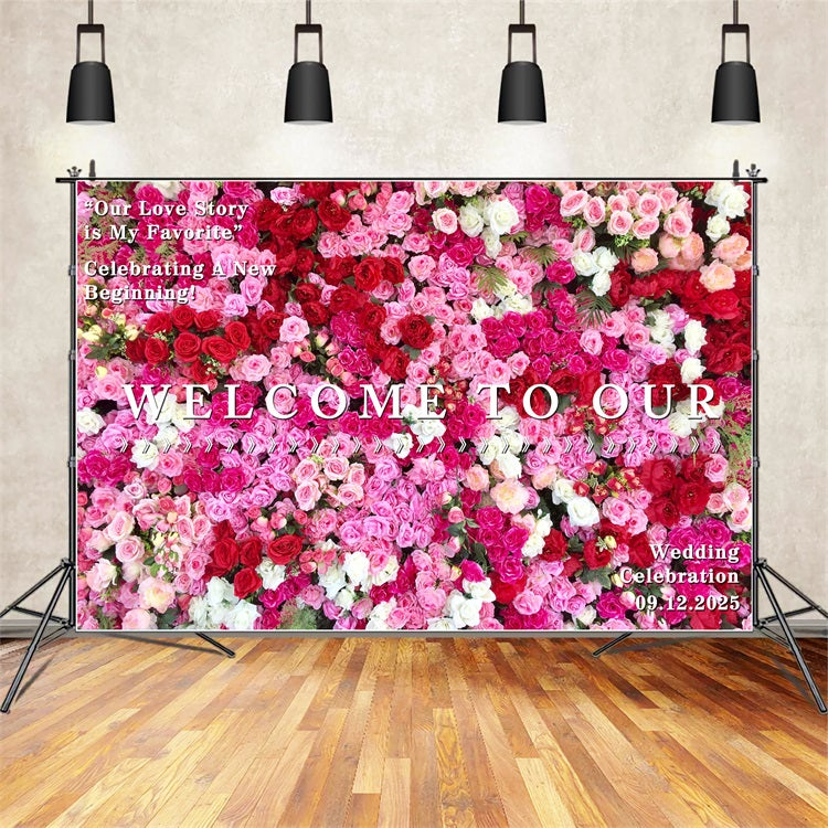 Personalized Wedding Backdrop Vibrant Pink Red Rose Backdrop UK BRP12-349